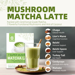 Mushroom Matcha Powder Latte Mix, 7.4 Ounce, 7 Superfood Mushrooms with 25% Beta-Glucans